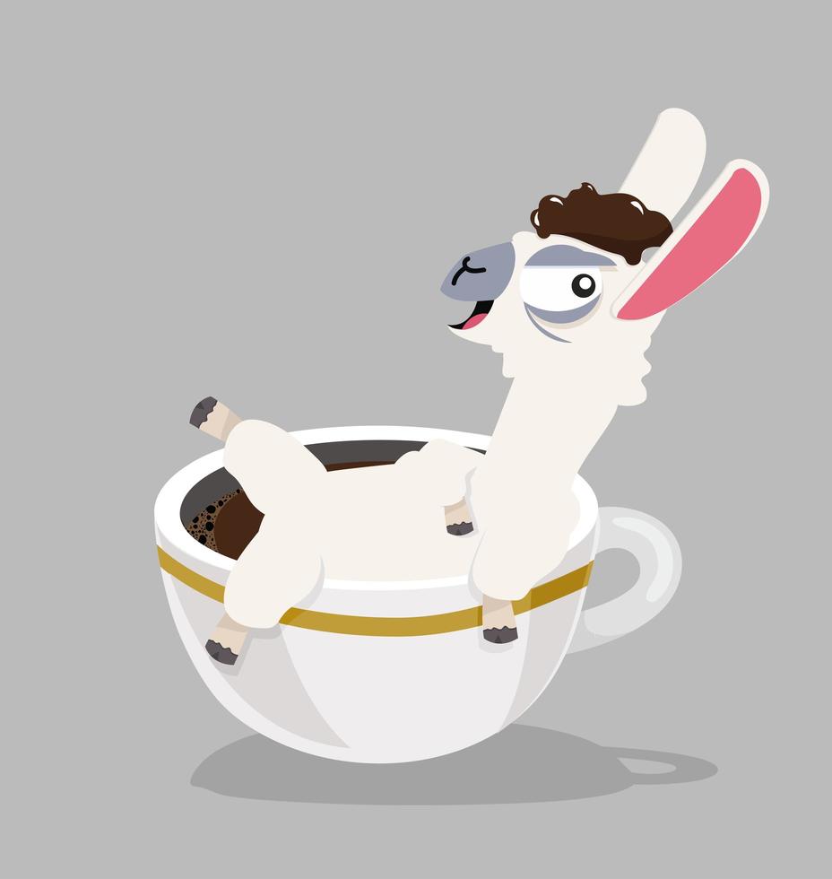 alpaca divertida sentada en una gran taza de café vector