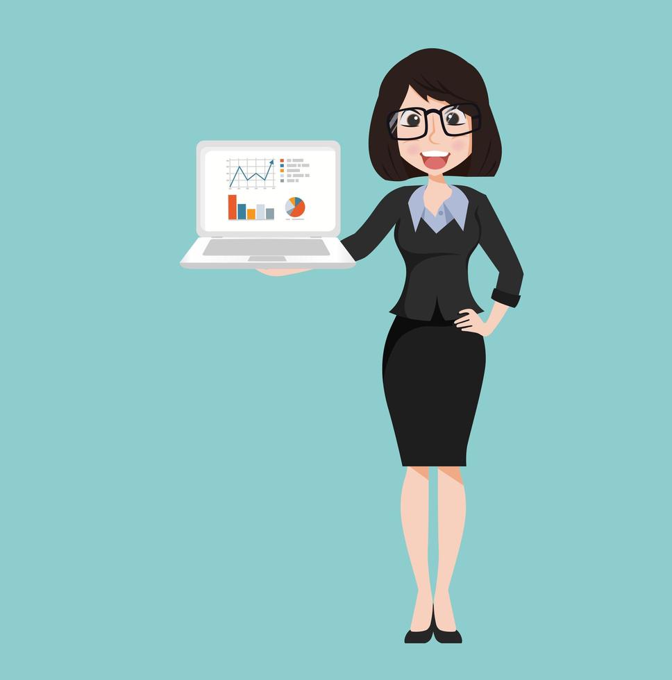 Businesswoman holding a laptop with graphs and charts vector