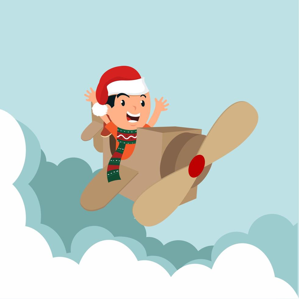 Pilot boy flying in a cardboard airplane vector
