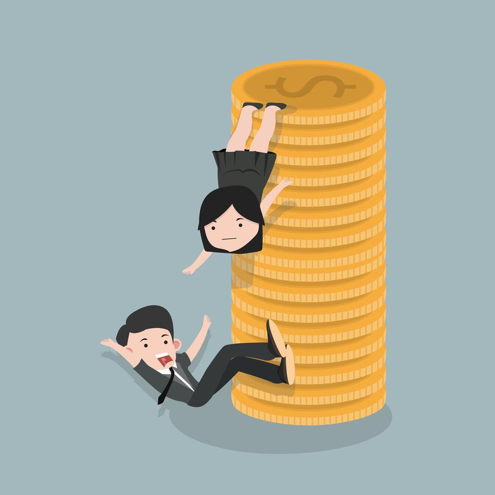 Businesswoman helping a friend climb a stack of coins vector