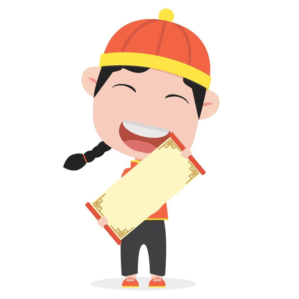 Chinese boy in traditional clothing holding a blank scroll vector