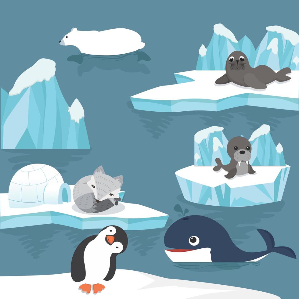 Cute Arctic animals hanging out on ice floes vector