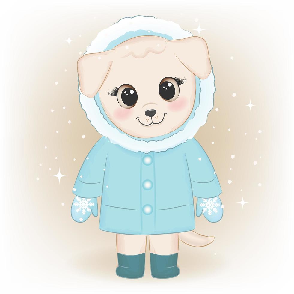 lindo cachorro y diseño de invierno de copo de nieve vector