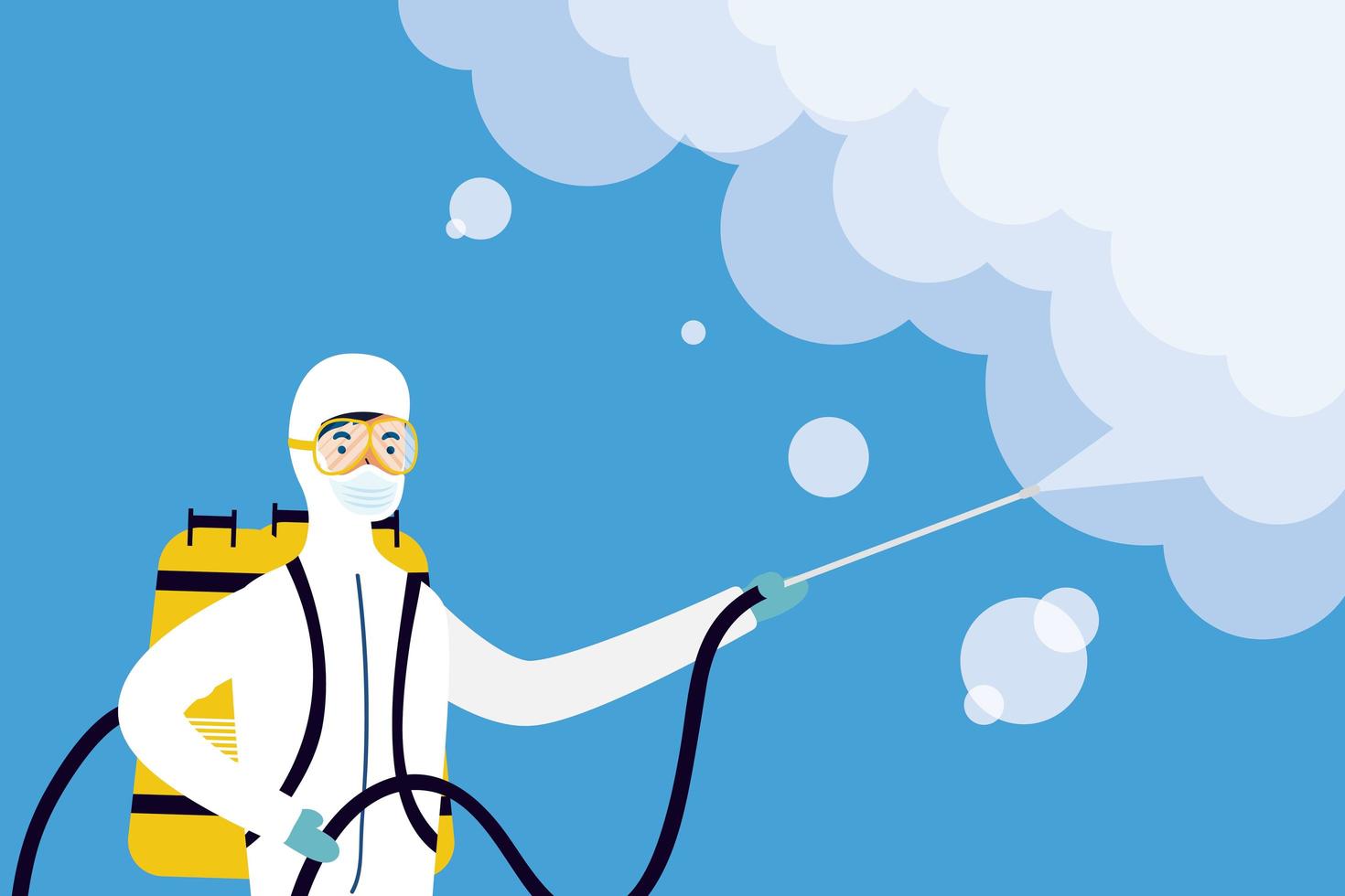 Coronavirus prevention with person on hazmat suit disinfecting vector
