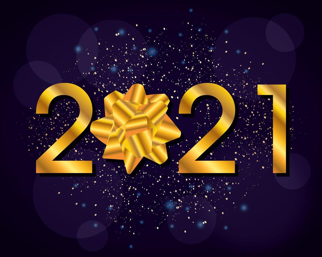 feliz año nuevo, tarjeta de celebración 2021 con lazo dorado vector