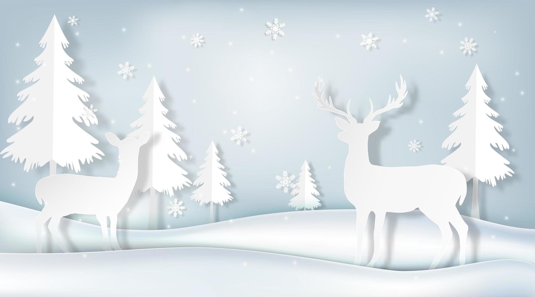 Paper art of deer in winter scene vector