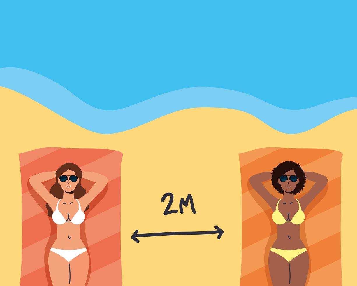 mujeres que practican el distanciamiento social en la playa vector