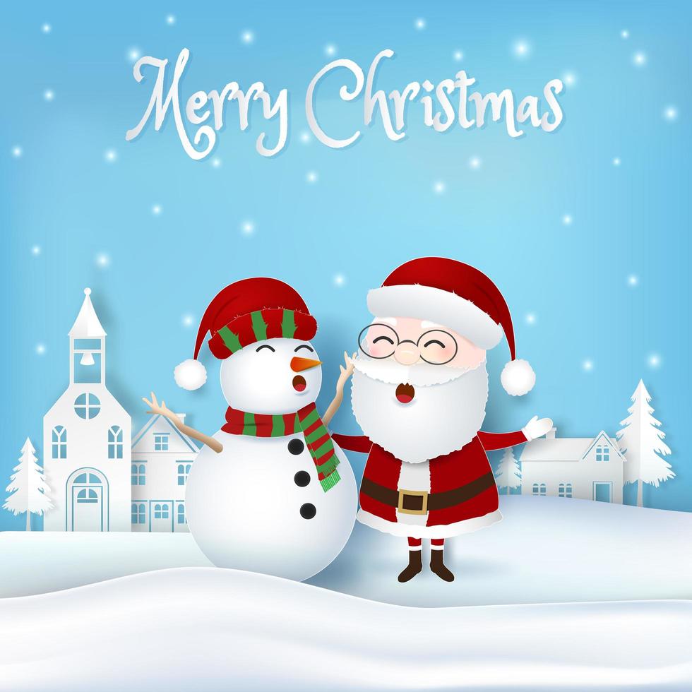 Santa with snowman in paper art style vector