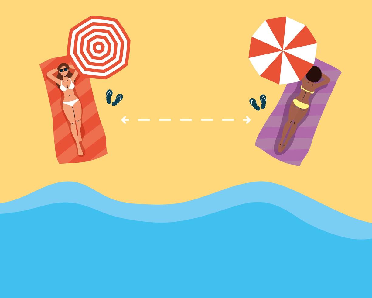 Women practicing social distancing at the beach vector