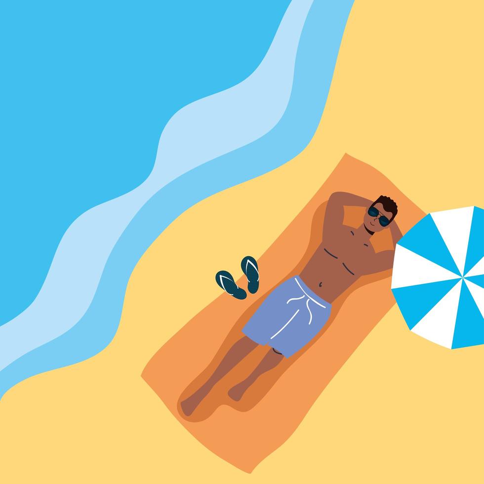 hombre tomando el sol en la playa, escena de verano vector