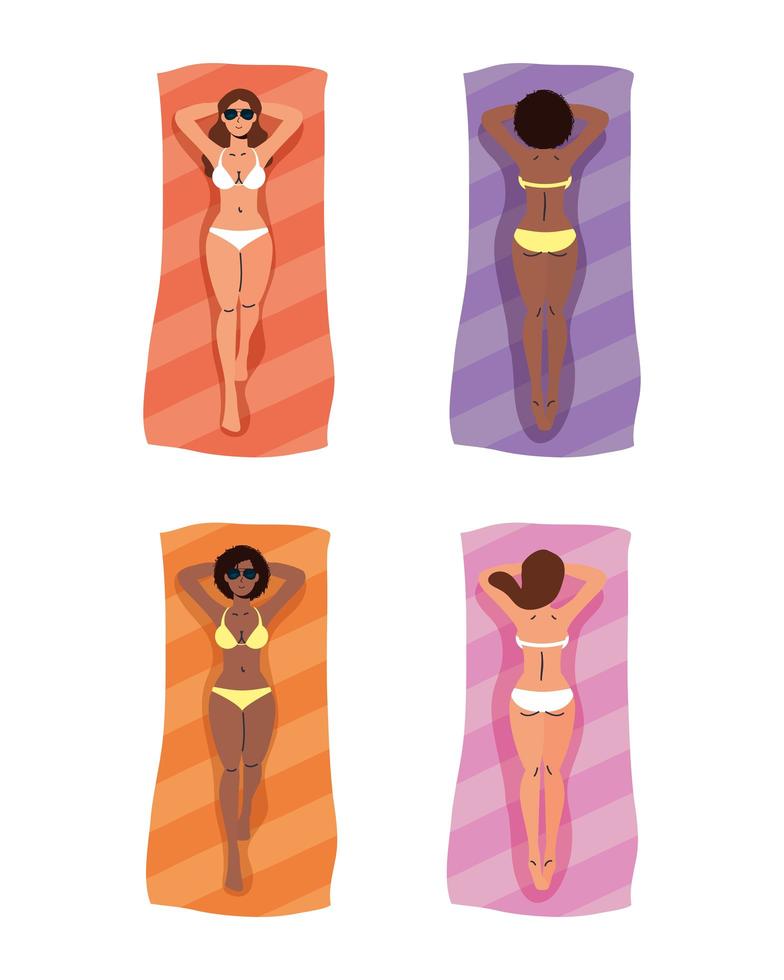 Women sunbathing icon set vector