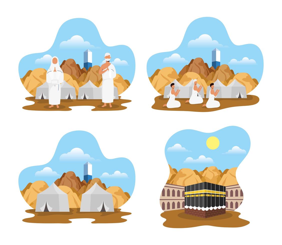 Hajj pilgrimage celebration icon set vector