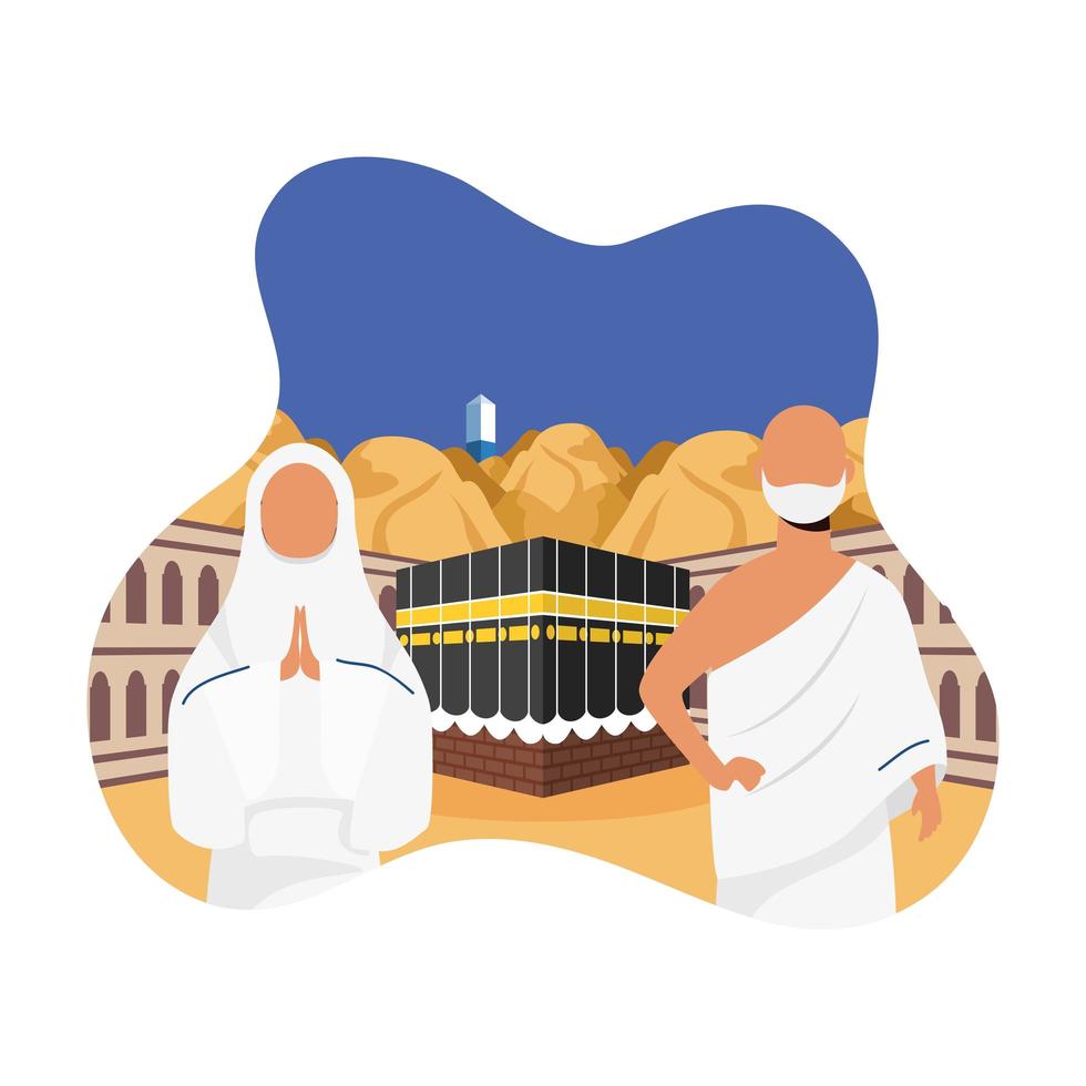 celebración de peregrinación hajj con pareja en una escena de kaaba vector