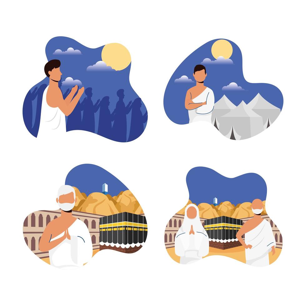 Hajj pilgrimage celebration icon set vector