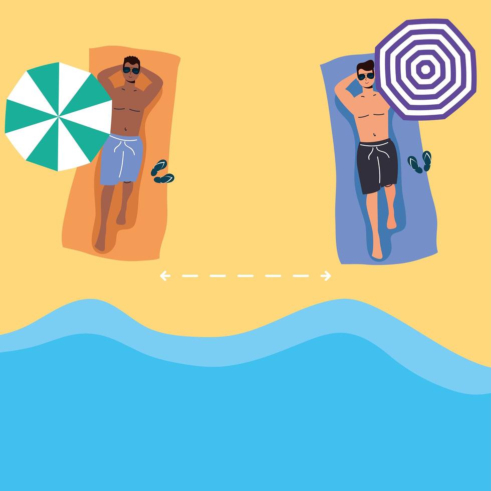 Men sunbathing with social distance at the beach vector