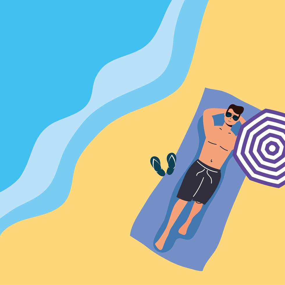 Man sunbathing at the beach, summer scene vector