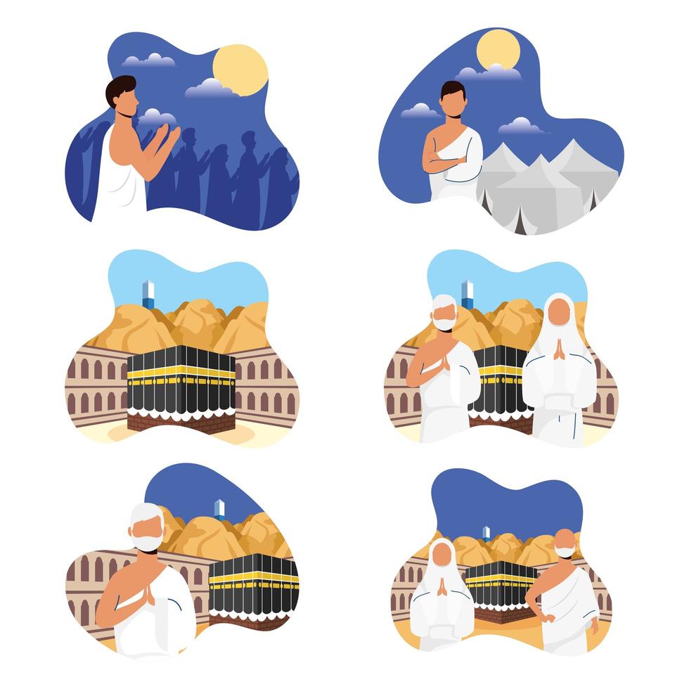 Hajj pilgrimage celebration icon set vector
