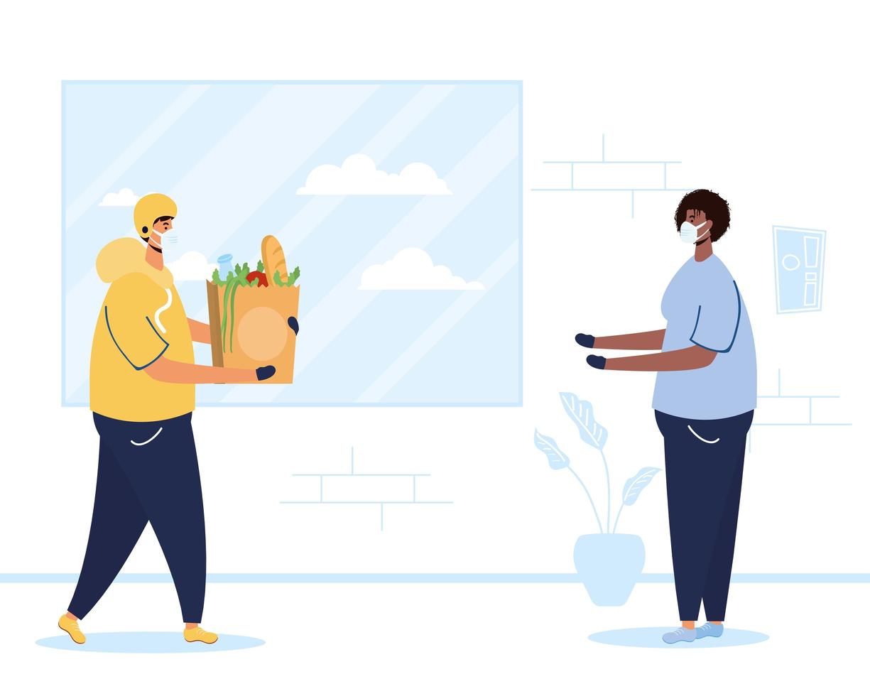 Safe food delivery banner with worker and client vector