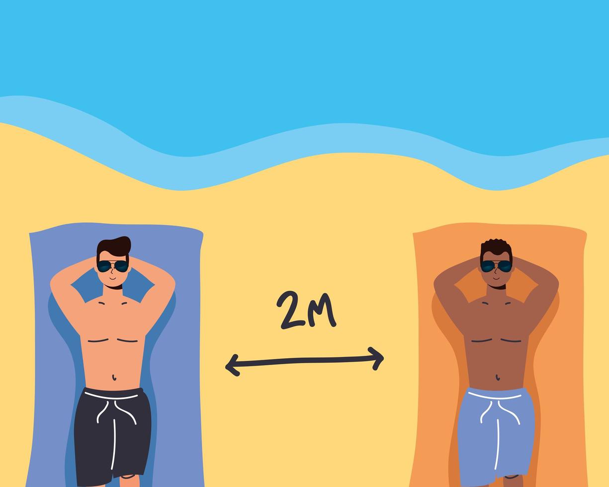 Men sunbathing with social distance at the beach vector