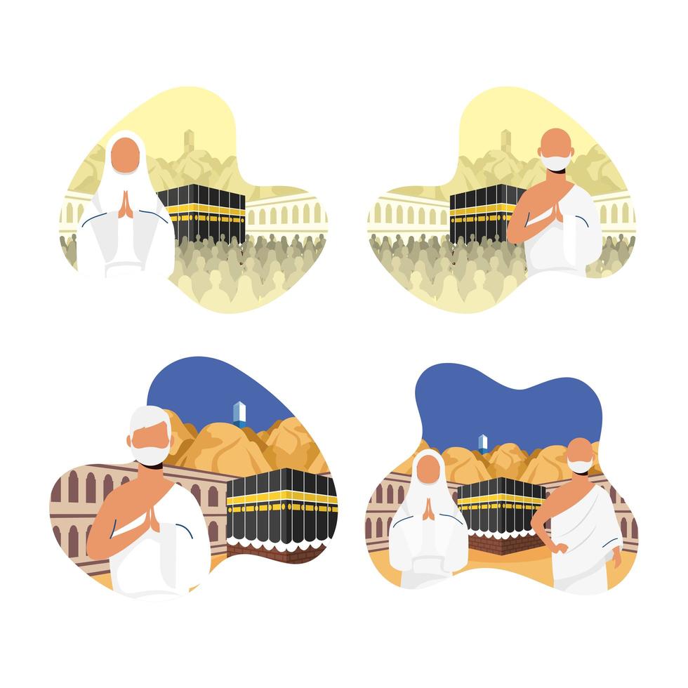 Hajj pilgrimage celebration icon set vector
