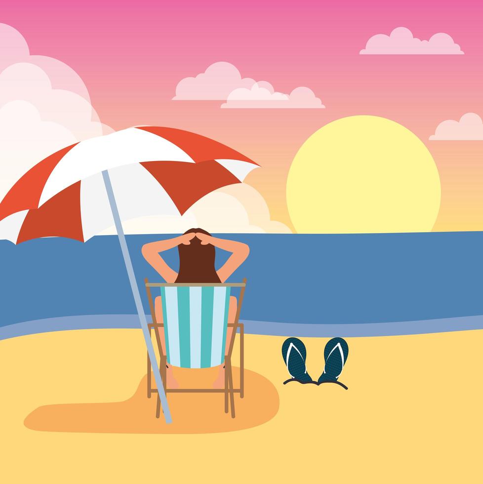 mujer tomando el sol en la playa, escena de verano vector