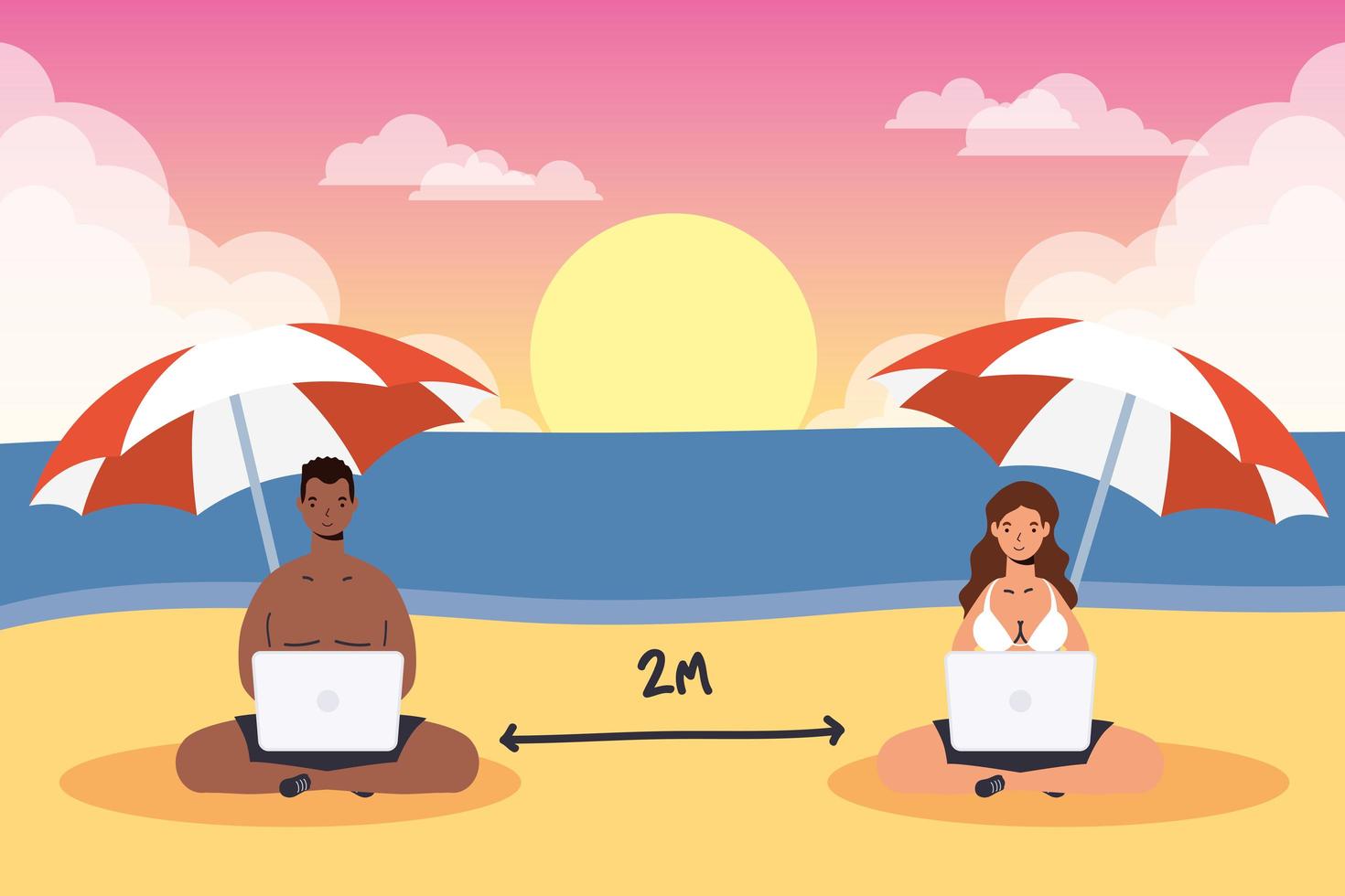 People with laptops, social distancing at the beach vector