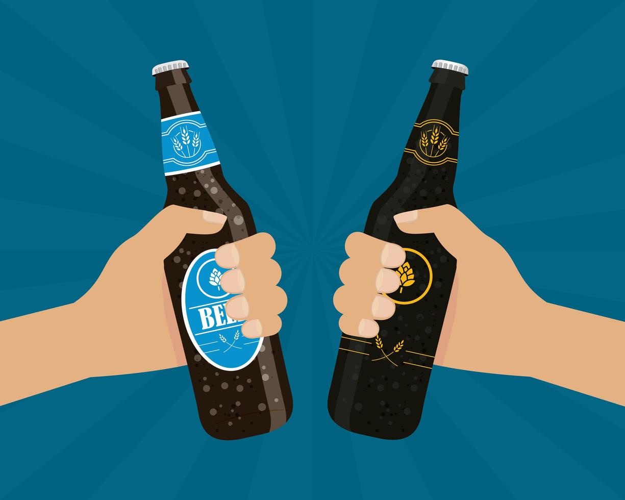 Composición de celebración del día de la cerveza con botellas animando vector