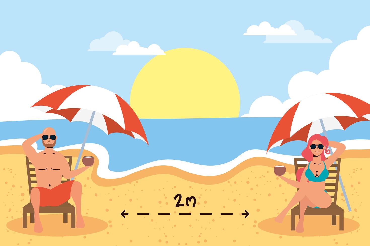 People practicing social distance at the beach vector