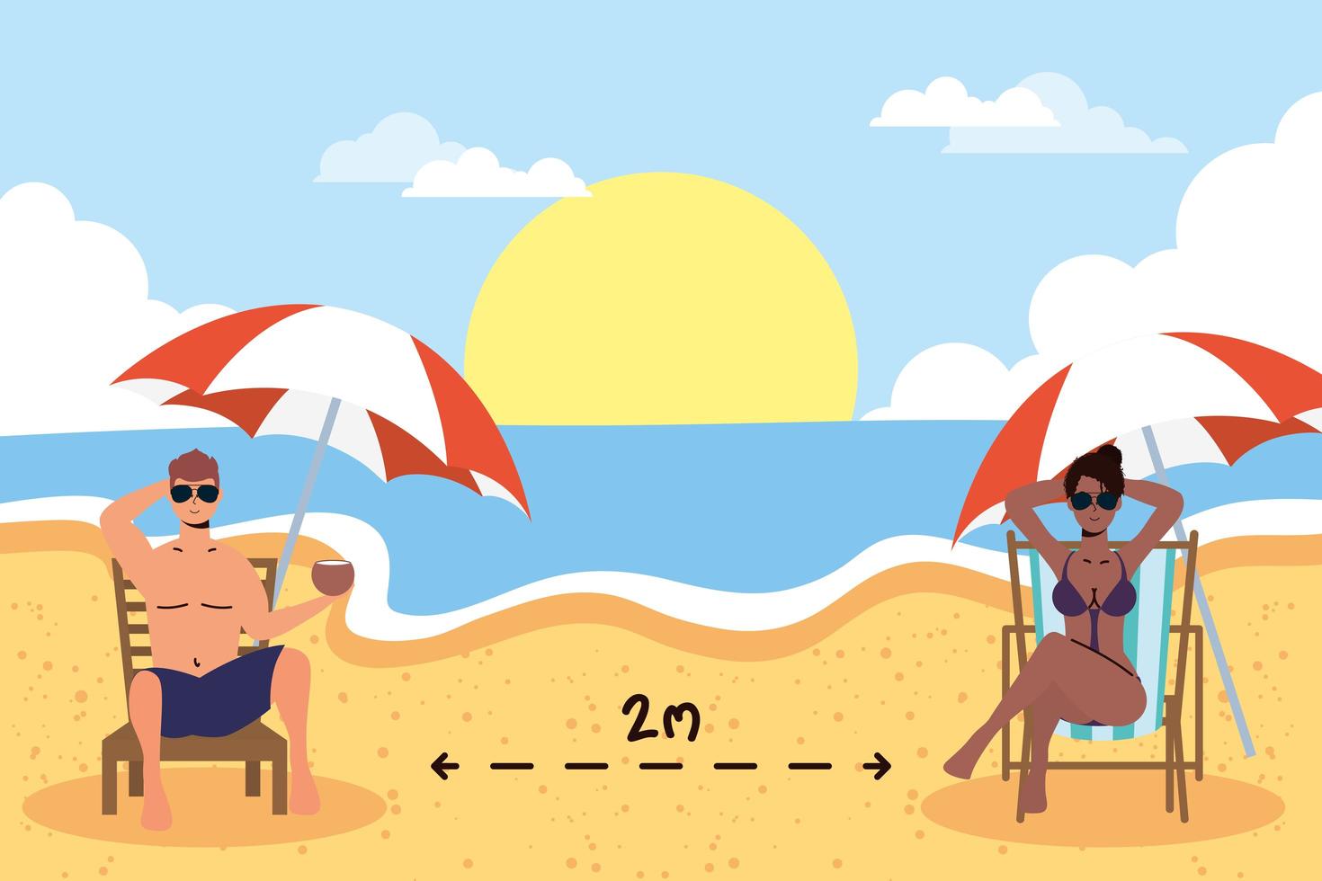 gente tomando el sol con distancia social en la playa vector