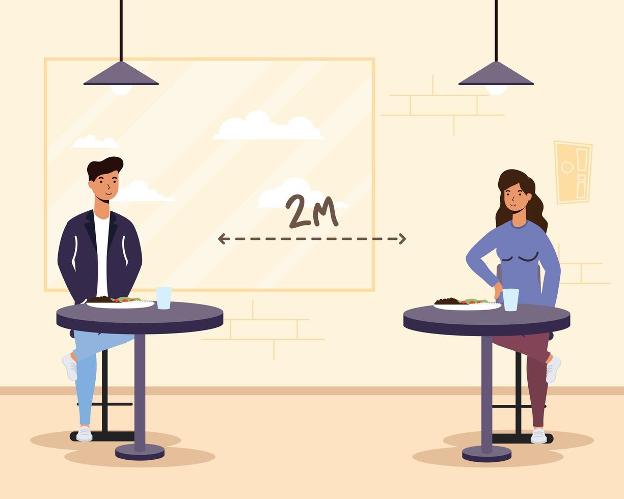 People eating in a restaurant with social distance vector