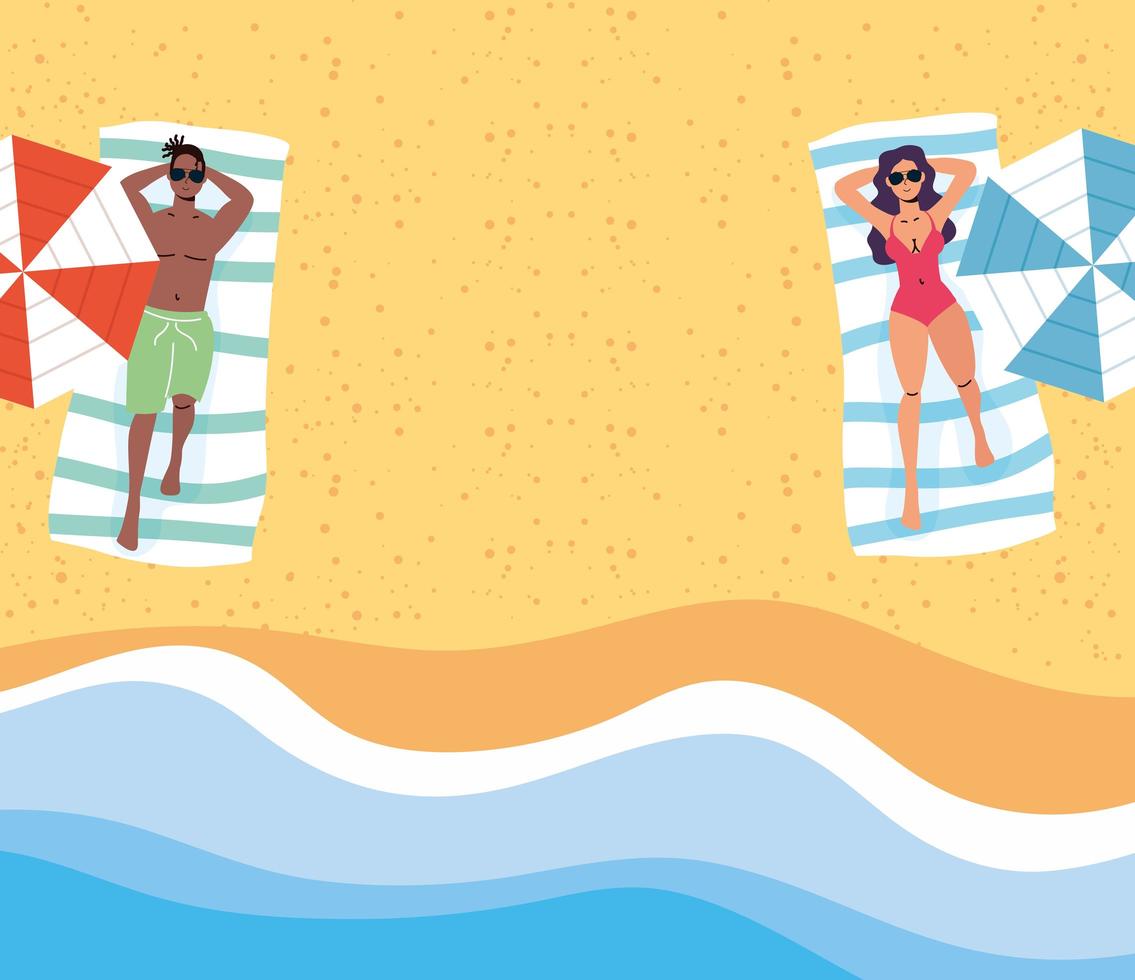 People sunbathing at the beach, summer scene vector