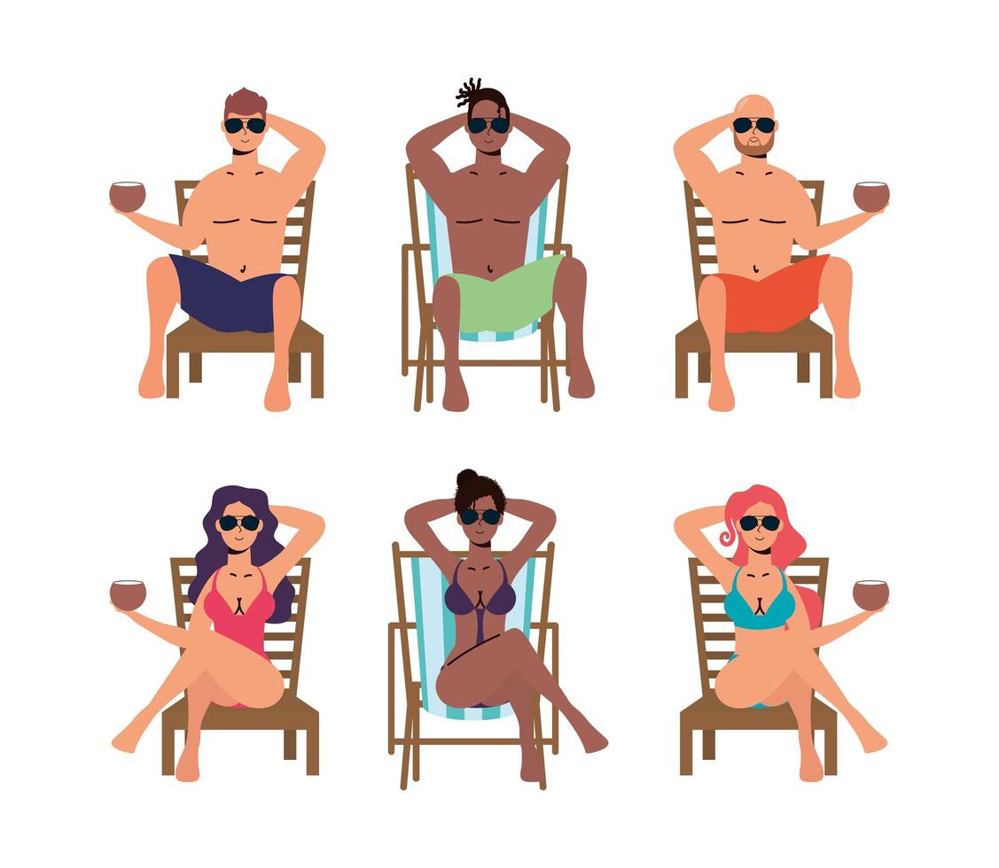 Set of people sunbathing on chairs vector