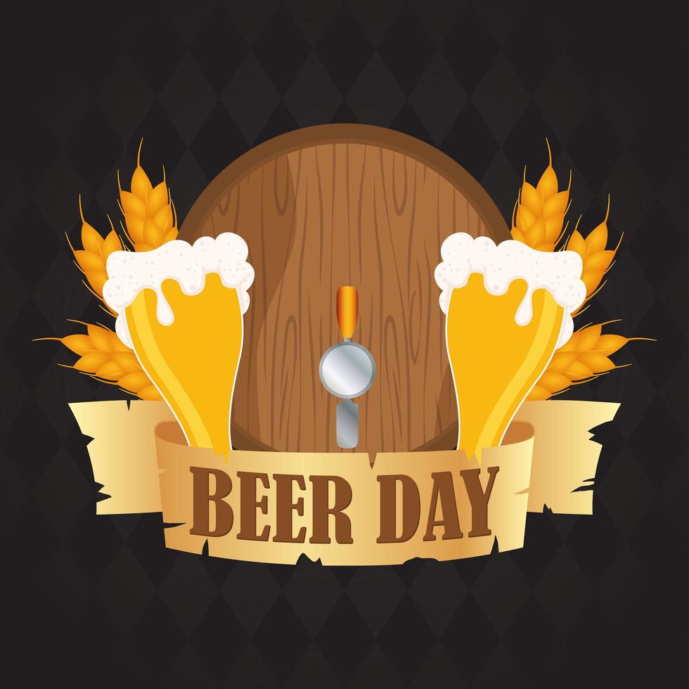 Beer Day celebration composition with barrel and cups vector