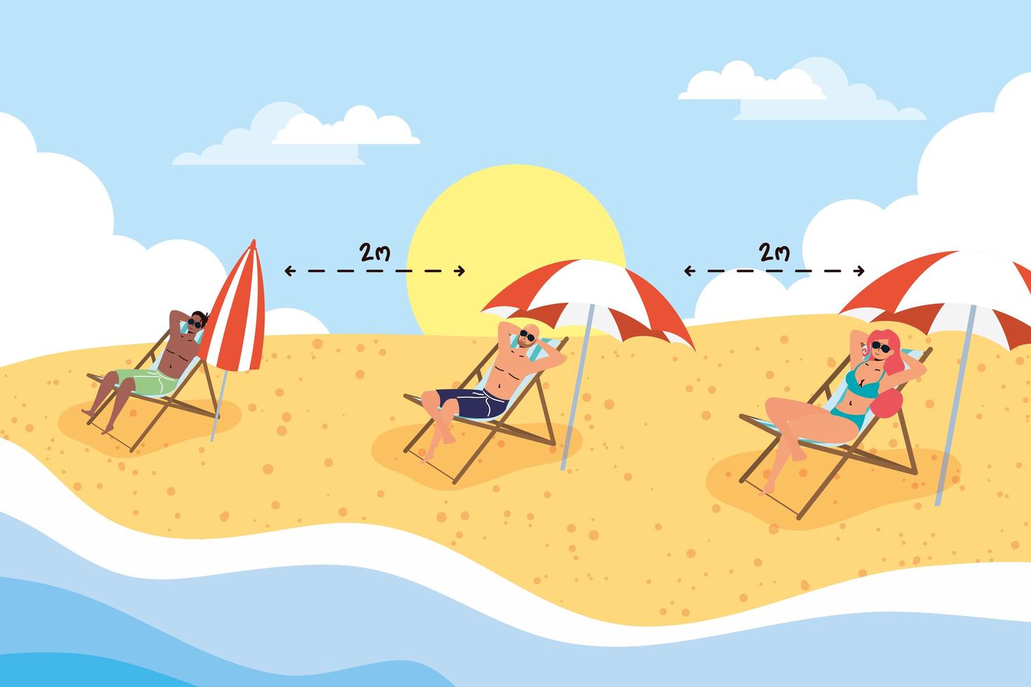 People sunbathing with social distance at the beach vector