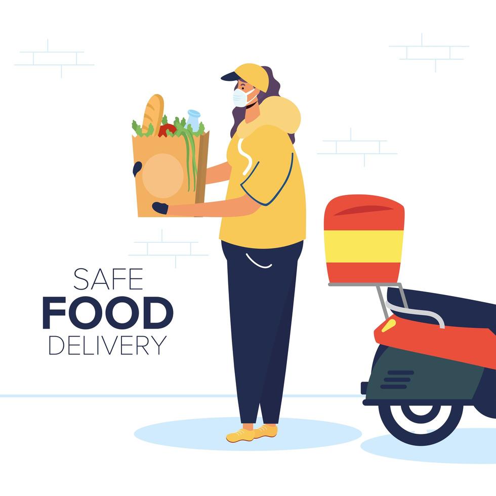 Safe food delivery banner with worker and groceries vector