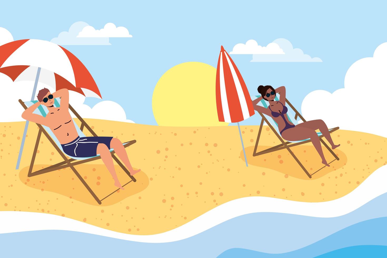 People sunbathing at the beach, summer scene vector