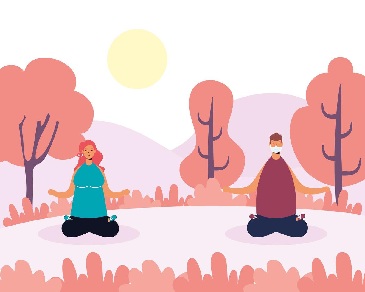 People doing yoga at the park with social distance vector