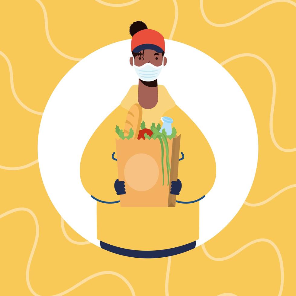 Safe food delivery banner with worker and groceries vector