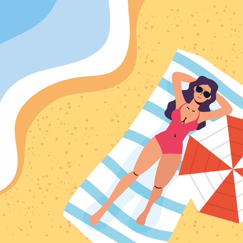 mujer tomando el sol en la playa, escena de verano vector