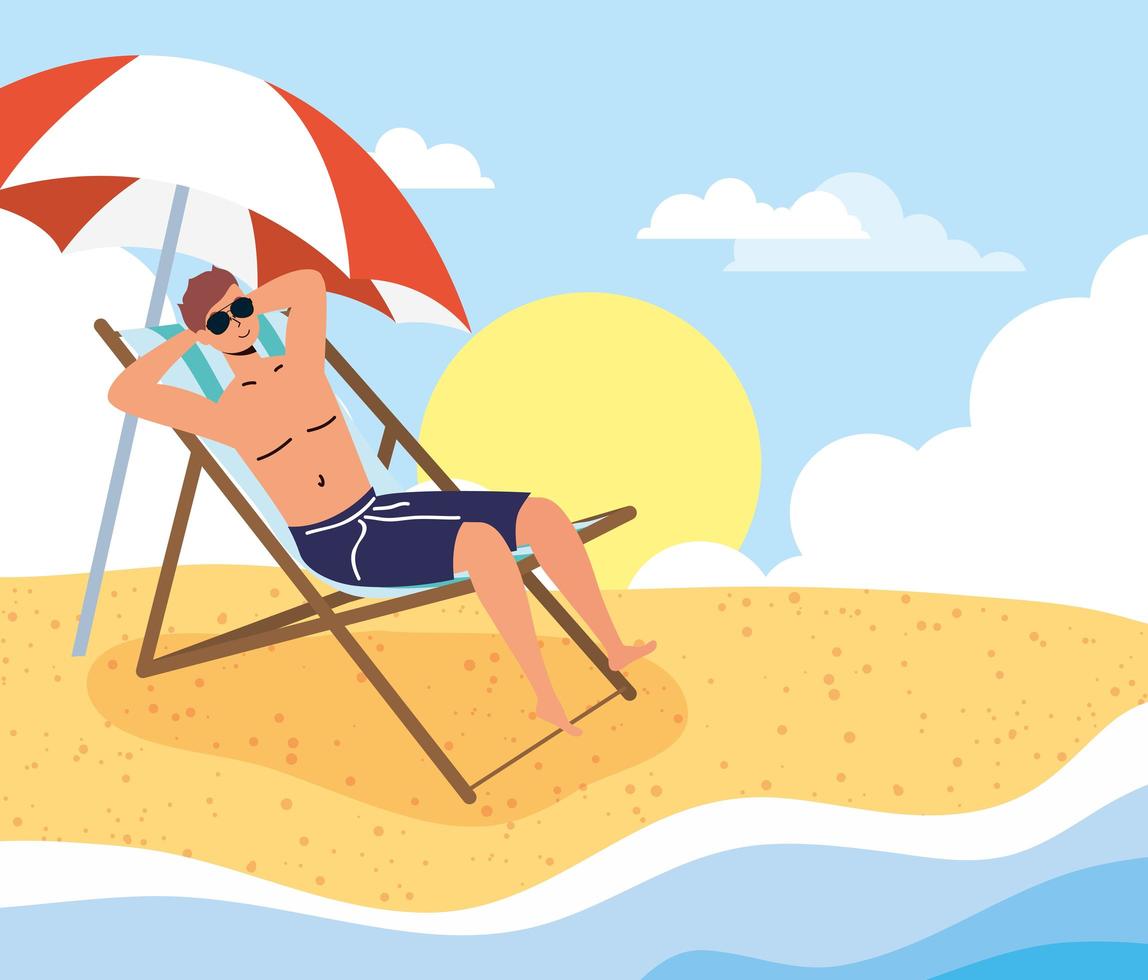 hombre tomando el sol en la playa, escena de verano vector