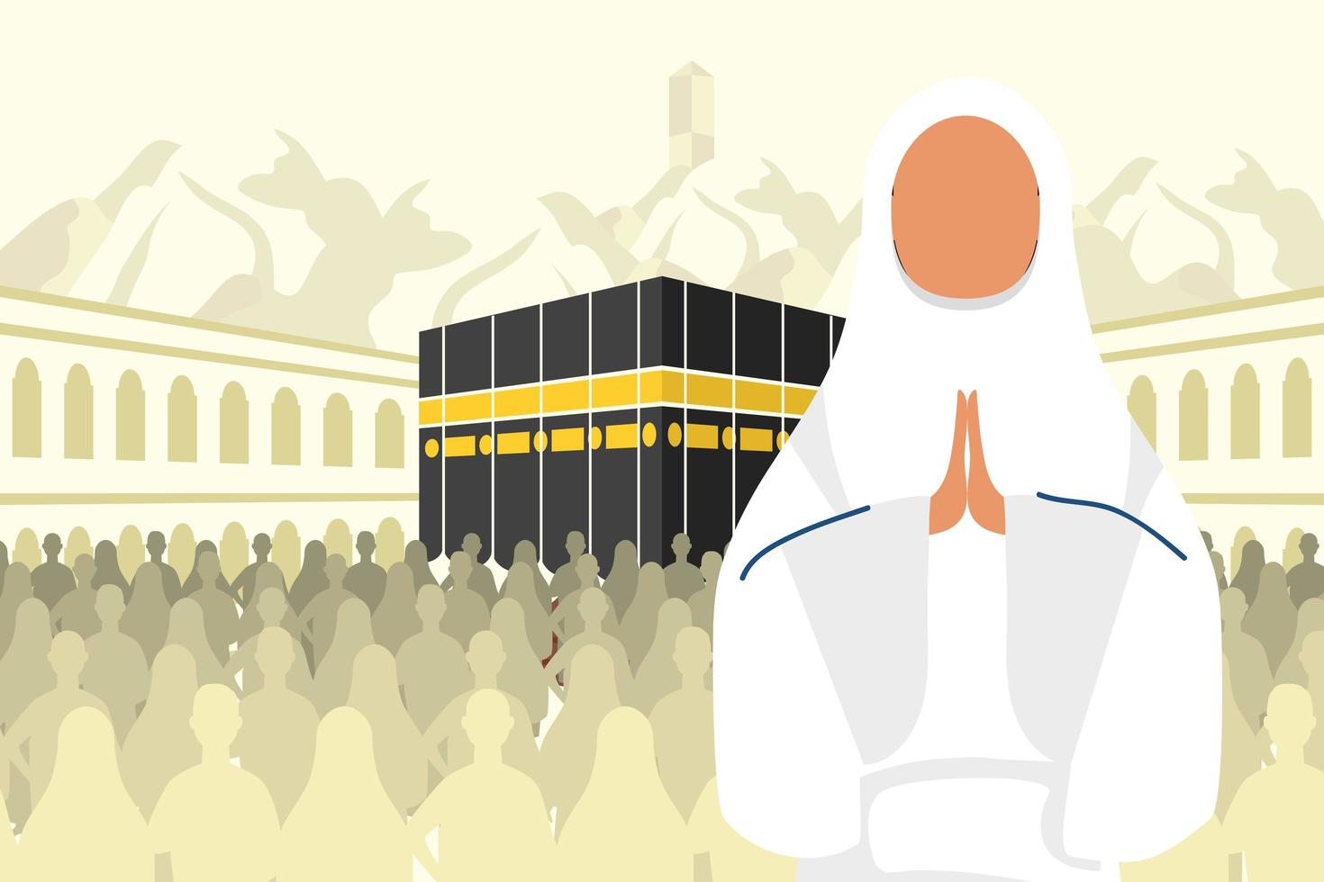 celebración de peregrinación hajj con mujer en una escena de kaaba vector