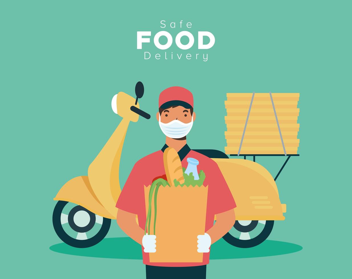 Safe food delivery banner with worker and groceries vector