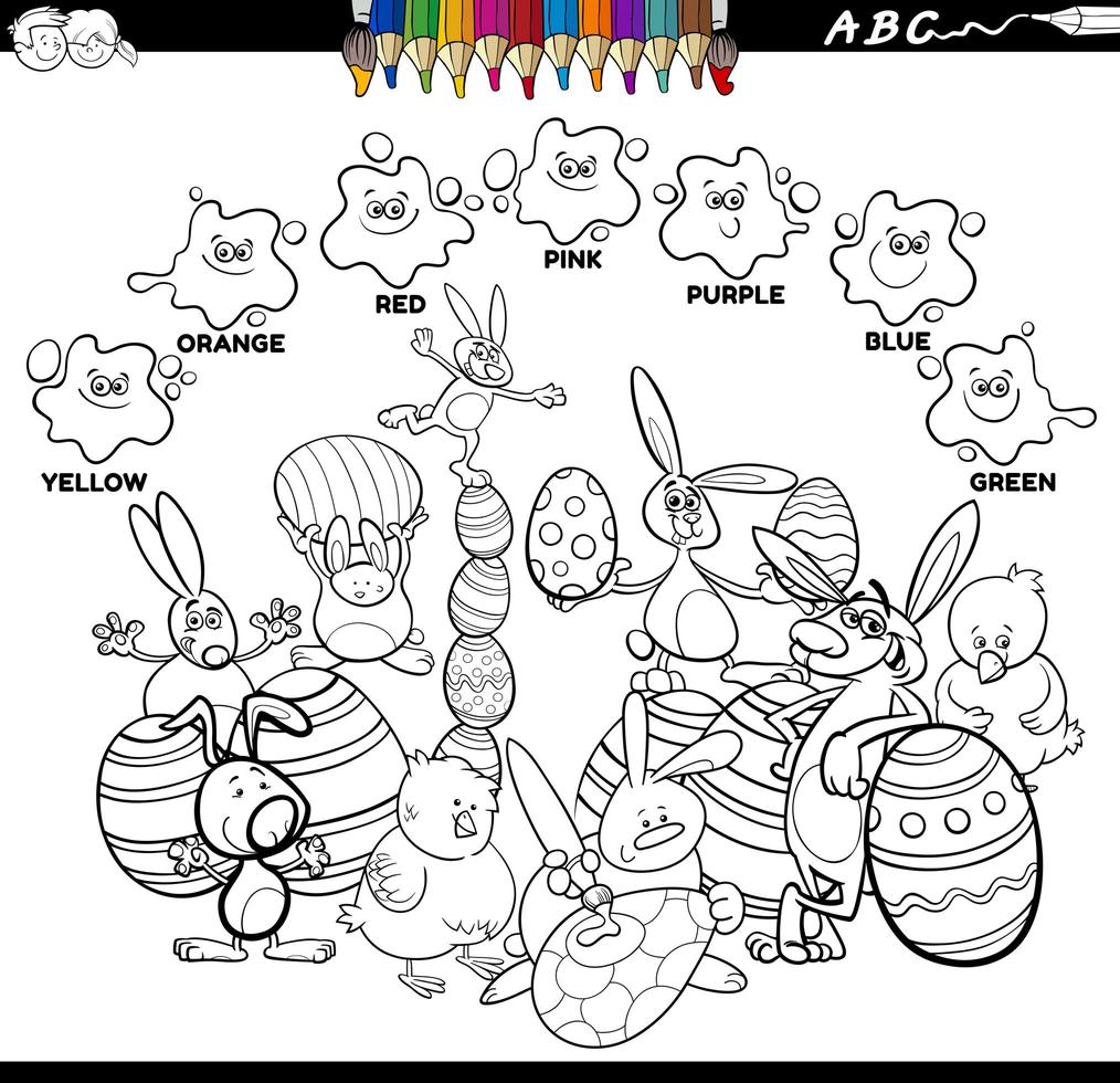 Basic colors color book with Easter characters vector