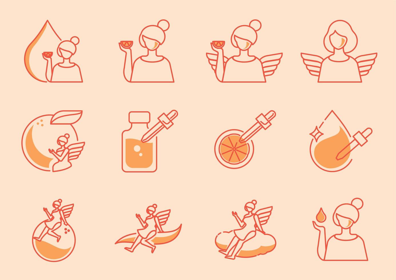 Angel icon set with orange vitamin C vector