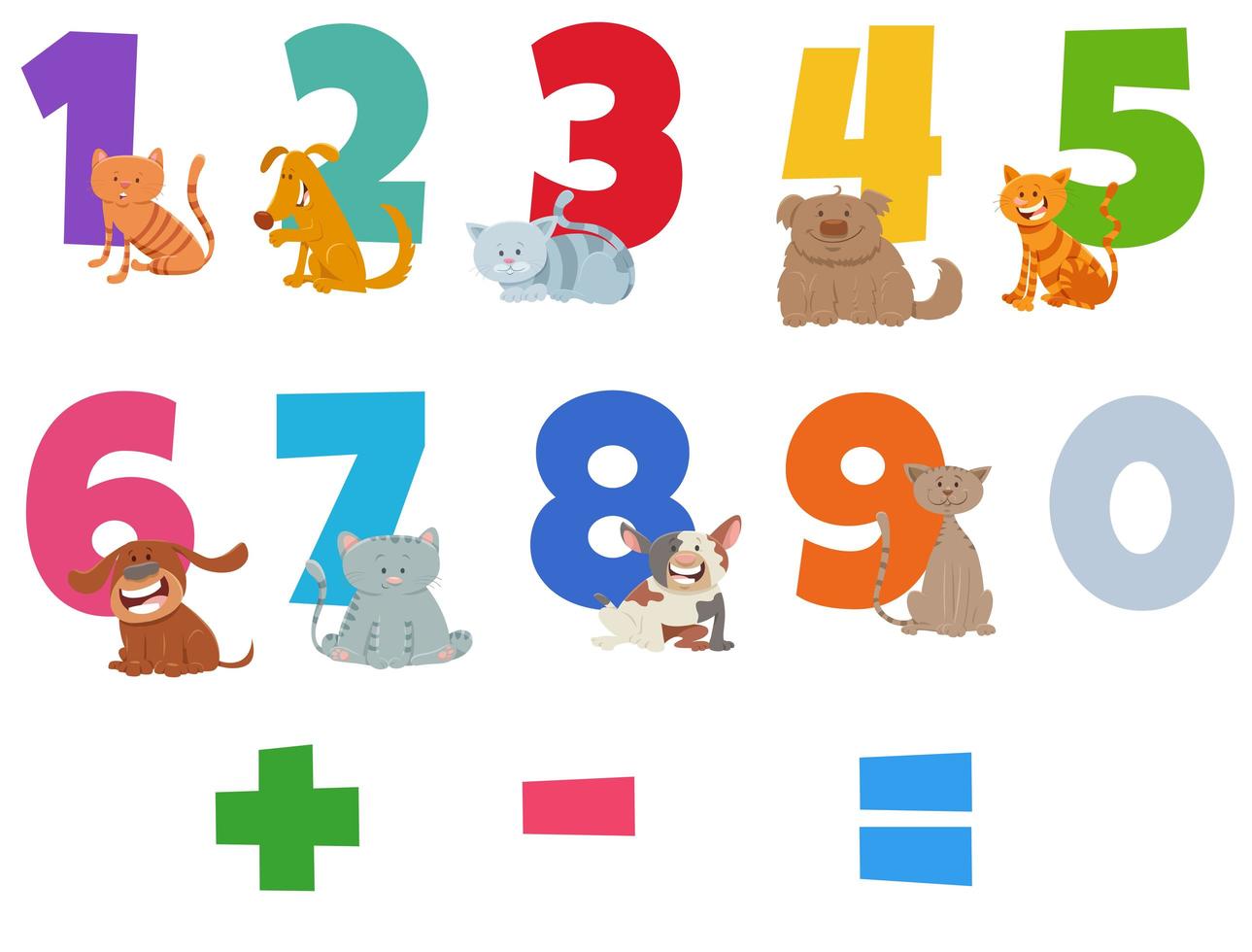 Numbers set with funny cats and dogs vector