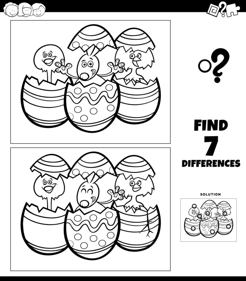 Differences coloring game with cartoon Easter characters vector