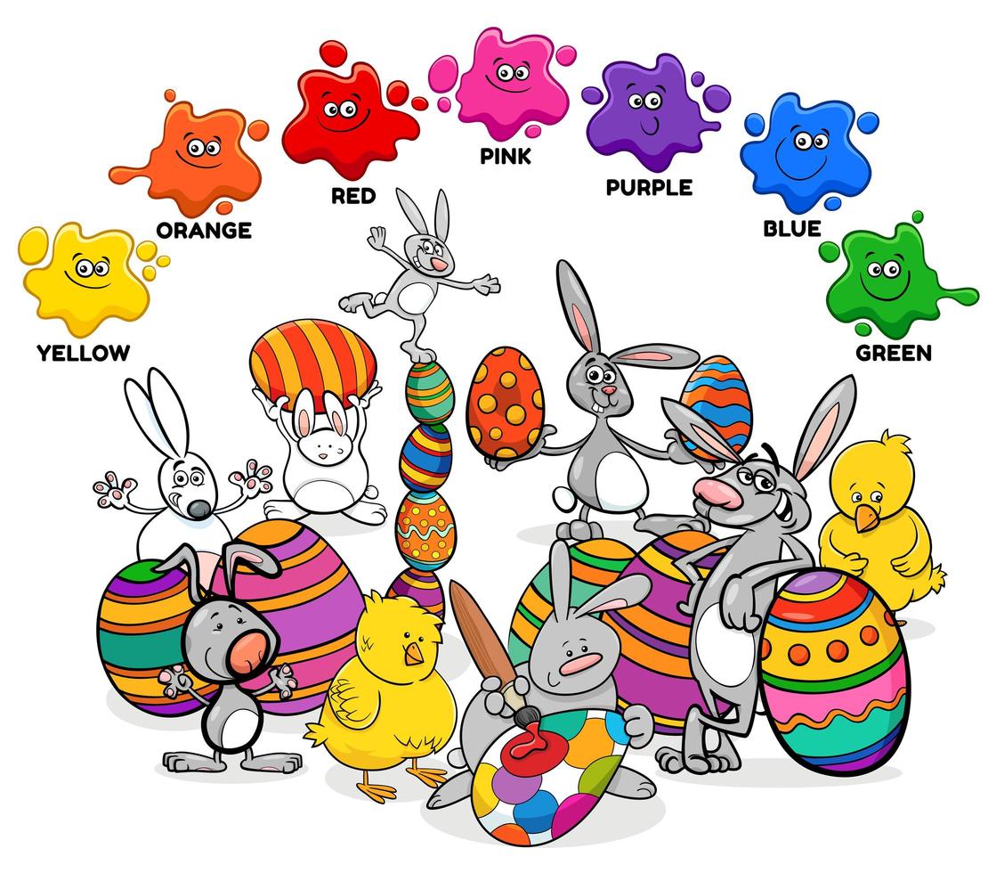 colores básicos con grupo de personajes de pascua. vector