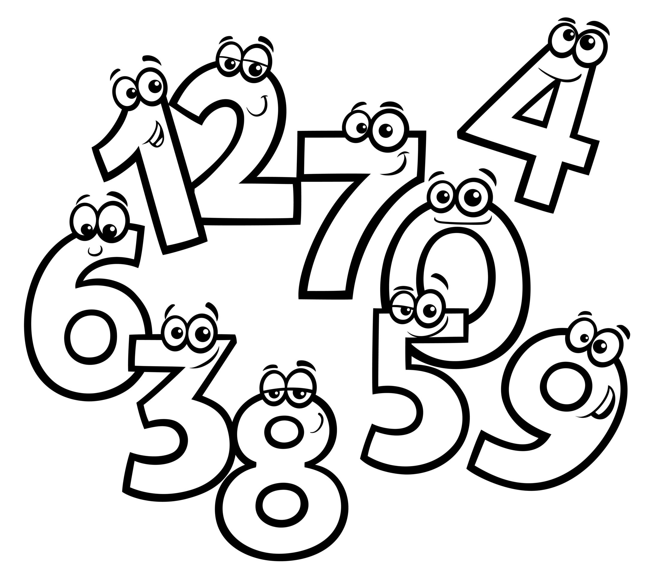 números básicos personajes de dibujos animados página de libro de color