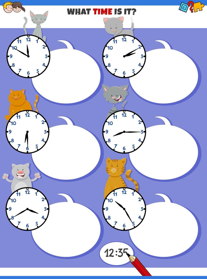 decir la hora tarea educativa con personajes de gatos. vector