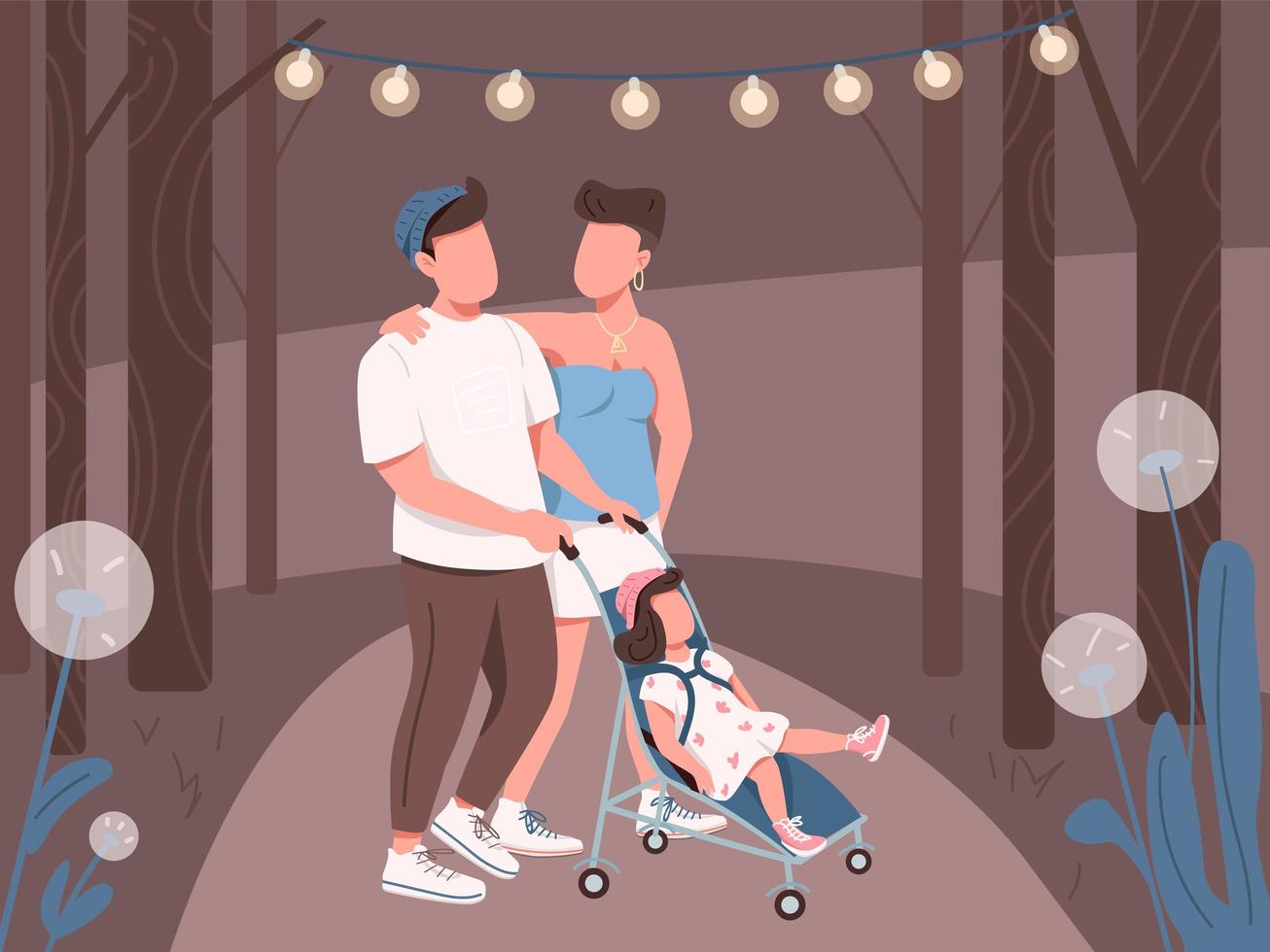 familia joven caminando en el parque nocturno vector